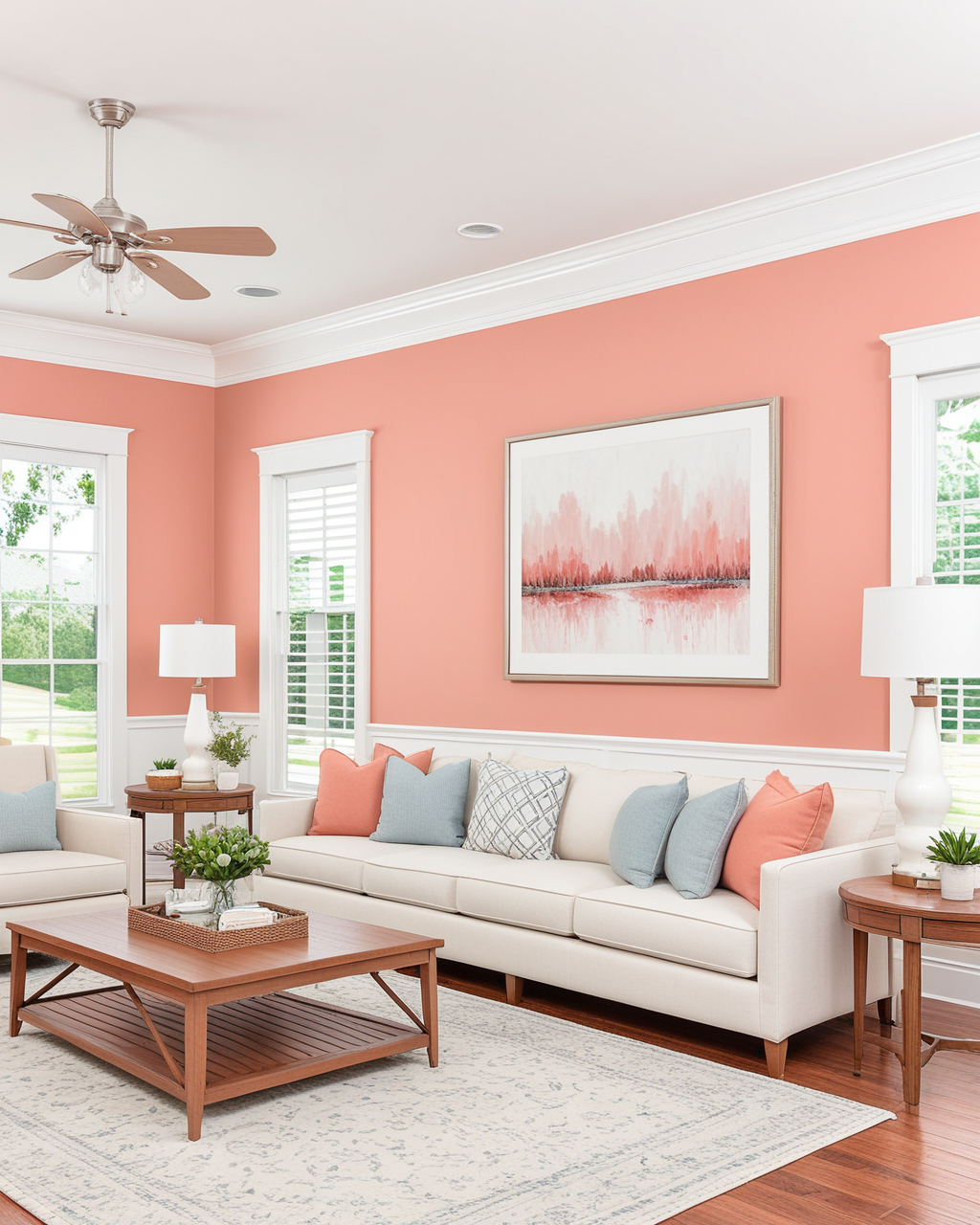 Modern Living Room Interior paint color combination — Youthful Coral
