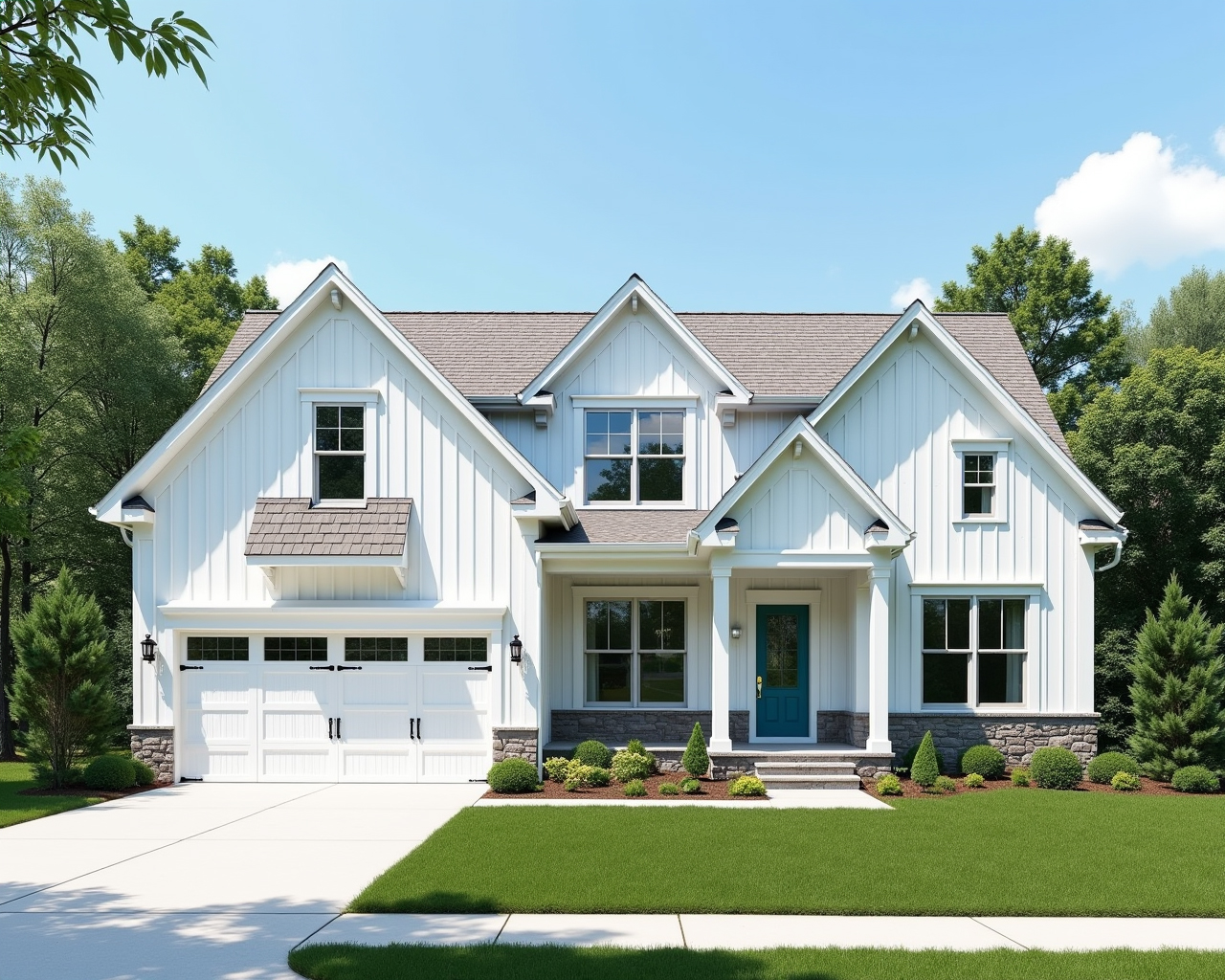 Earthy Board And Batten Farmhouse Exterior paint color combination — High Reflective White