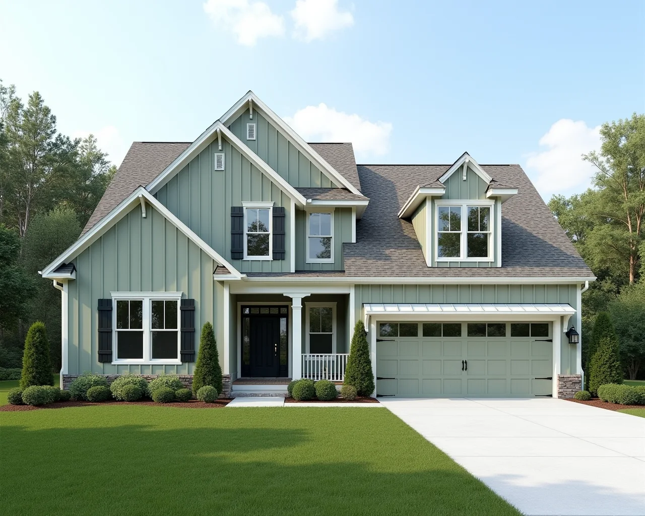 Neutral Board And Batten Farmhouse Exterior paint color combination — Jade Dragon