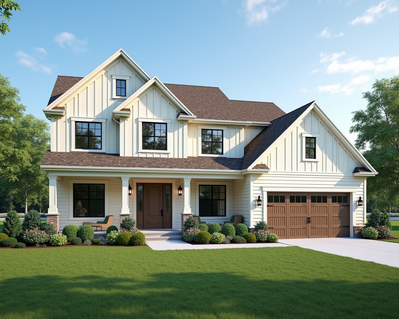 Warm Board And Batten Farmhouse Exterior paint color combination — High Reflective White