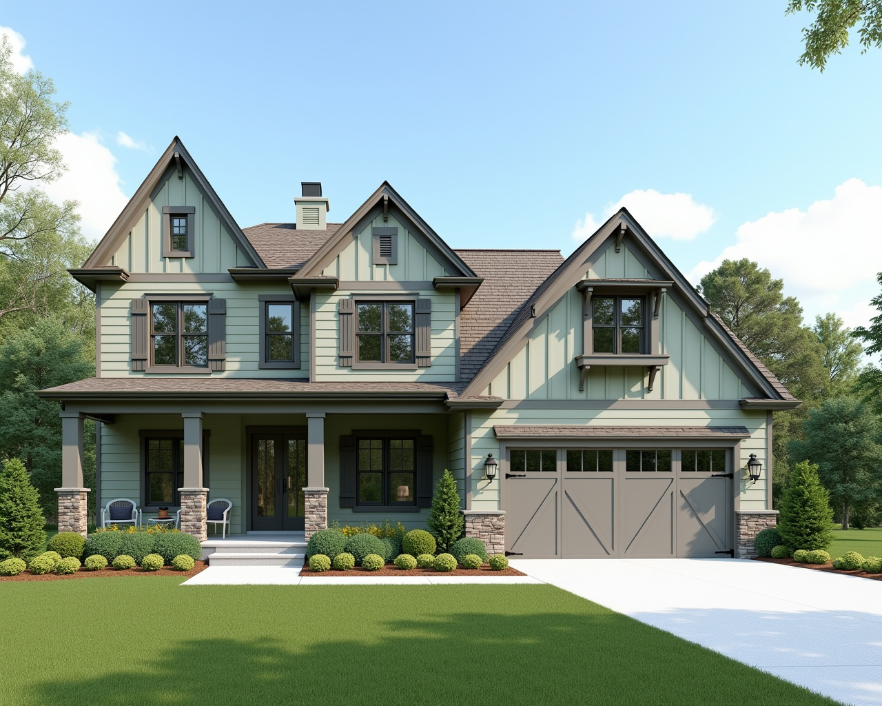 Neutral Board And Batten Farmhouse Exterior paint color combination — Gossamer Veil