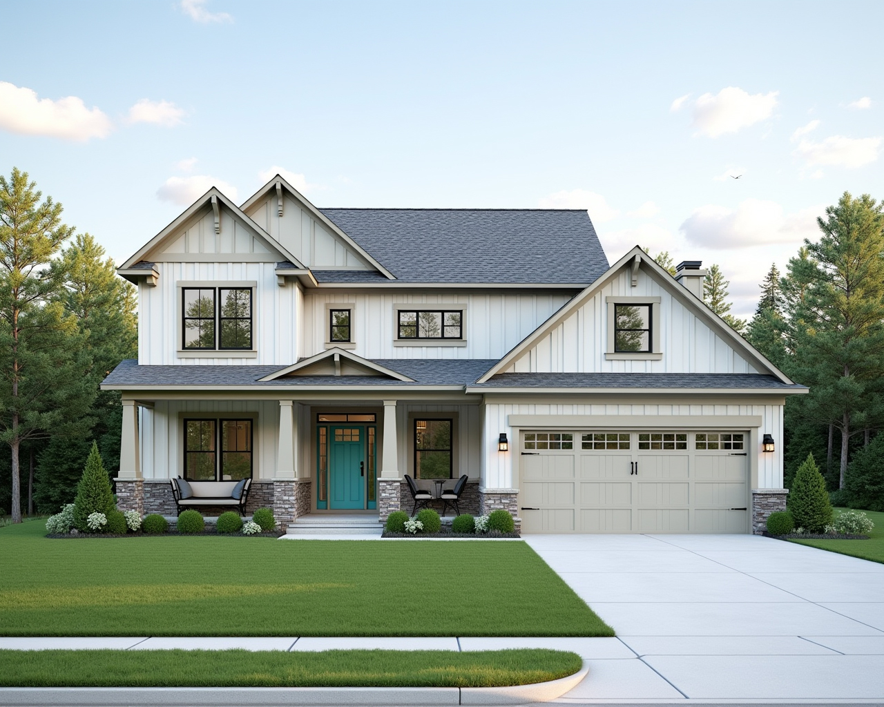 Modern Board And Batten Farmhouse Exterior paint color combination — Rarified Air