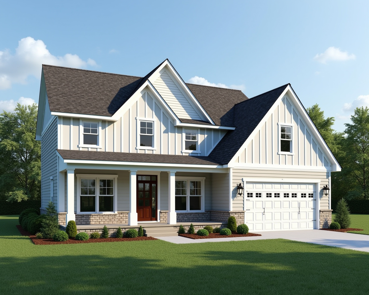 Minimal Board And Batten Farmhouse Exterior paint color combination — Shell White